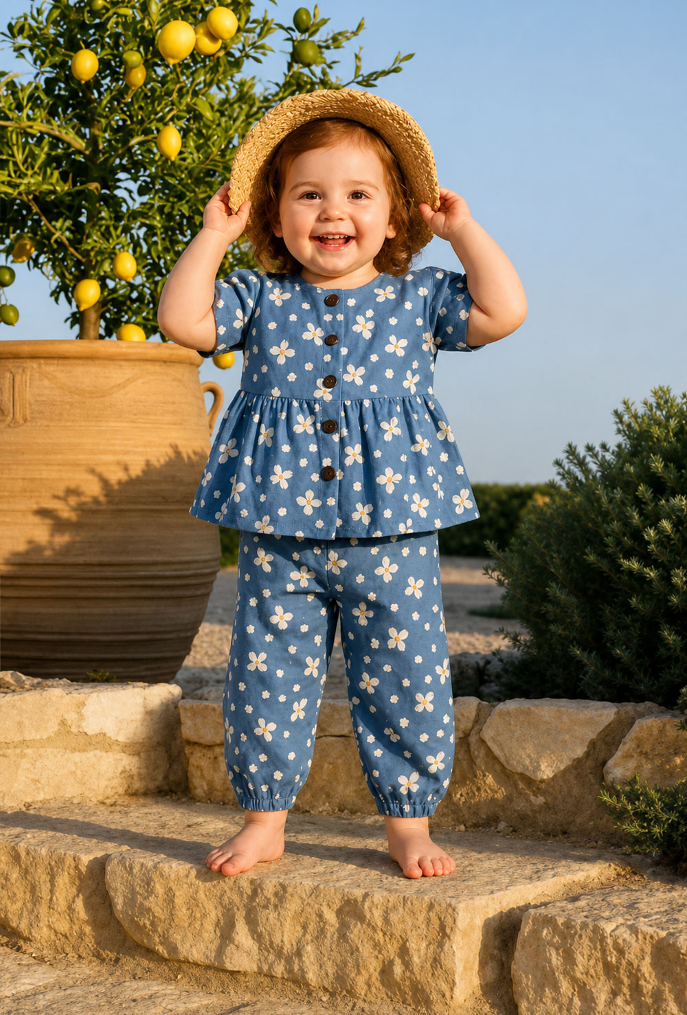 Child wearing a blue floral co-ord outfit