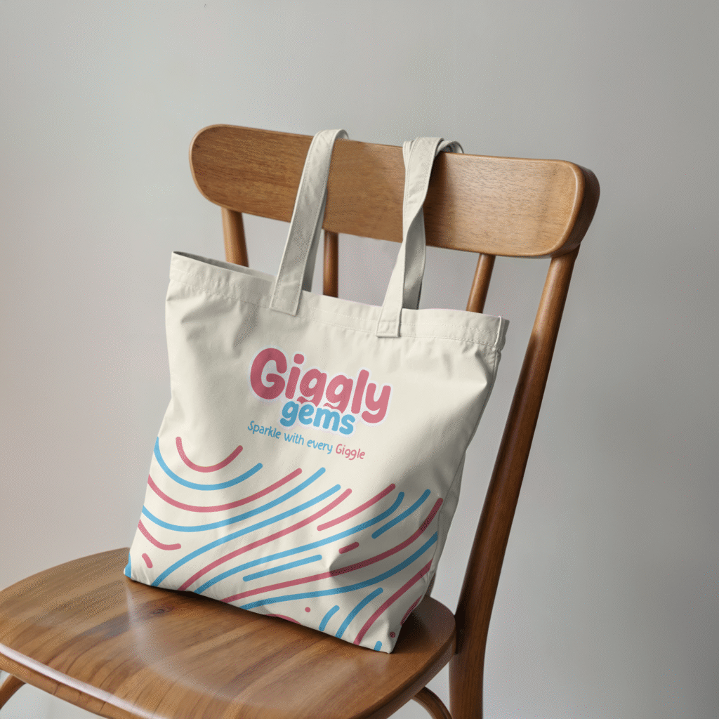 Giggly Gems tote bag on a wooden chair
