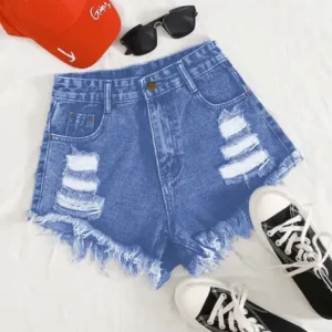 High-Rise Shredded Jean Shorts