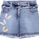 Premium girls butterfly embroidered denim shorts manufactured in India for wholesalers, retailers, boutiques, importers, and private label kidswear brands.