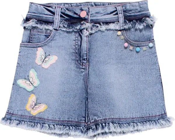 Premium girls butterfly embroidered denim shorts manufactured in India for wholesalers, retailers, boutiques, importers, and private label kidswear brands.
